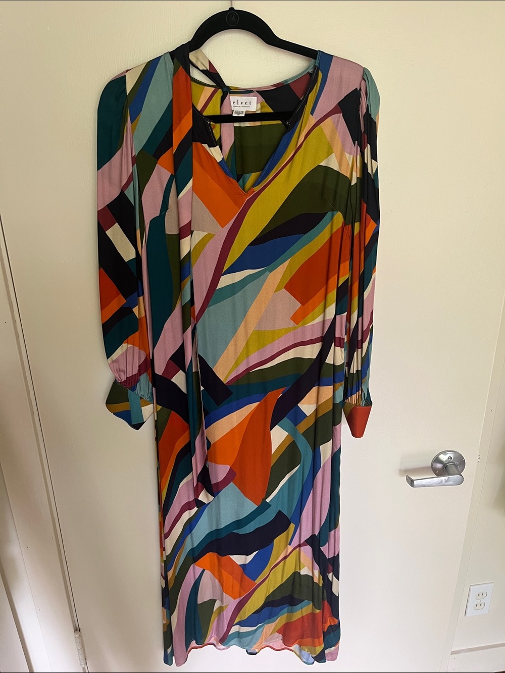 Velvet Multicolor Long-Sleeve Abstract Midi Dress
